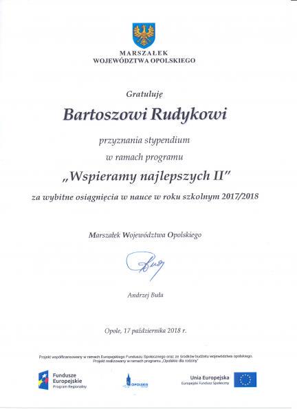Wspieramy najlepszych – Bartoszowi  Rudykowi  przyznano  stypendium za wybitne osiągnięcia w nauce w roku szkolnym 2017/2018
