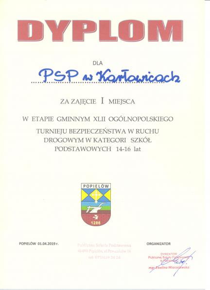 Uczniowie z Karłowic bezkonkurencyjni w etapie gminnym XLII OGÓLNOPOLSKIEGO TURNIEJU BEZPIECZEŃSTWA W RUCHU DROGOWYM