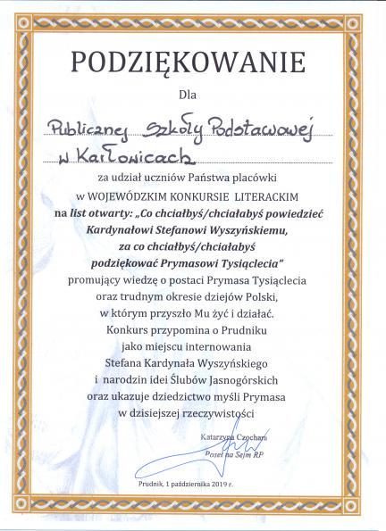 Podziękowania dla uczniów Publicznej Szkoły Podstawowej w Karłowicach 