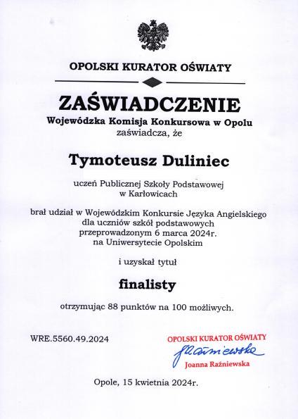 Tymoteusz Duliniec finalistą Wojewódzkiego Konkursu Języka Angielskiego
